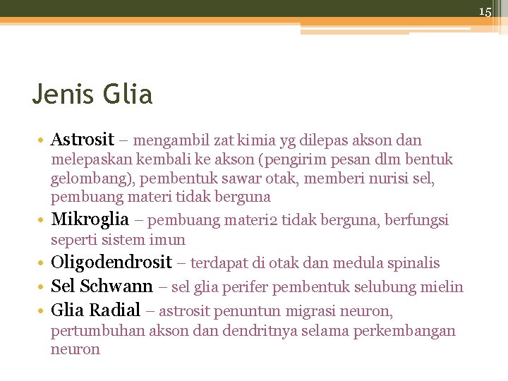 15 Jenis Glia • Astrosit – mengambil zat kimia yg dilepas akson dan melepaskan