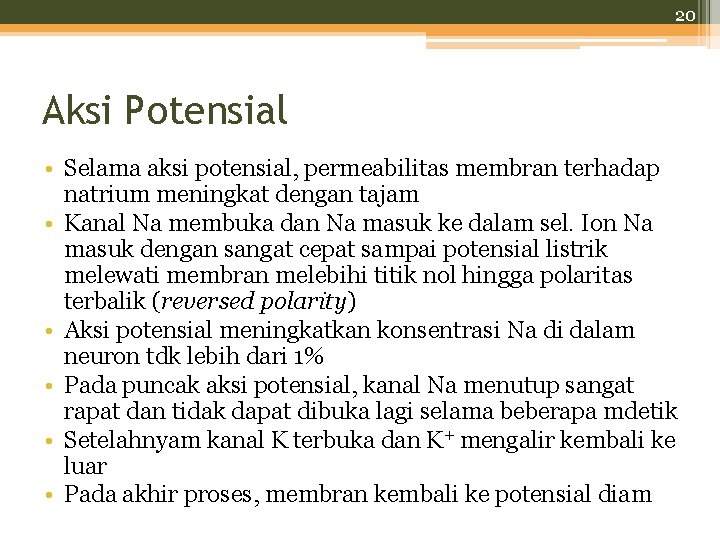 20 Aksi Potensial • Selama aksi potensial, permeabilitas membran terhadap natrium meningkat dengan tajam