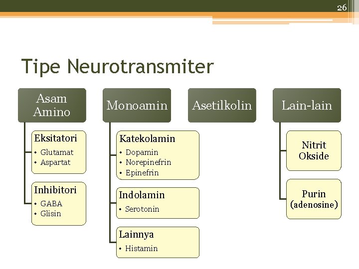 26 Tipe Neurotransmiter Asam Amino Monoamin Eksitatori Katekolamin • Glutamat • Aspartat • Dopamin