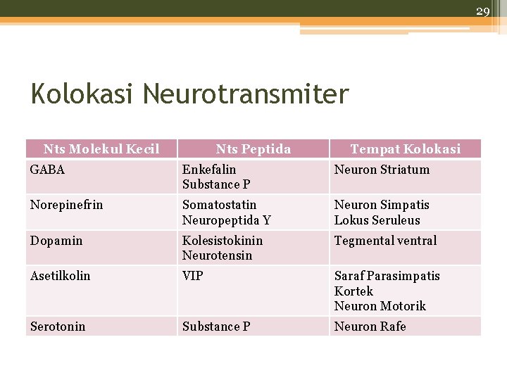 29 Kolokasi Neurotransmiter Nts Molekul Kecil Nts Peptida Tempat Kolokasi GABA Enkefalin Substance P