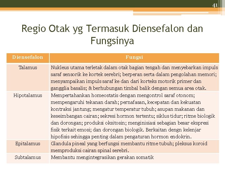 41 Regio Otak yg Termasuk Diensefalon dan Fungsinya Diensefalon Fungsi Talamus Nukleus utama terletak