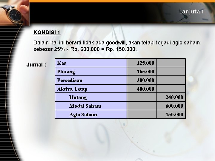 Lanjutan KONDISI 1 Dalam hal ini berarti tidak ada goodwill, akan tetapi terjadi agio