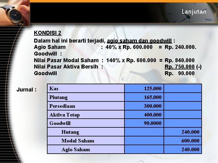 Lanjutan KONDISI 2 Dalam hal ini berarti terjadi, agio saham dan goodwill : Agio