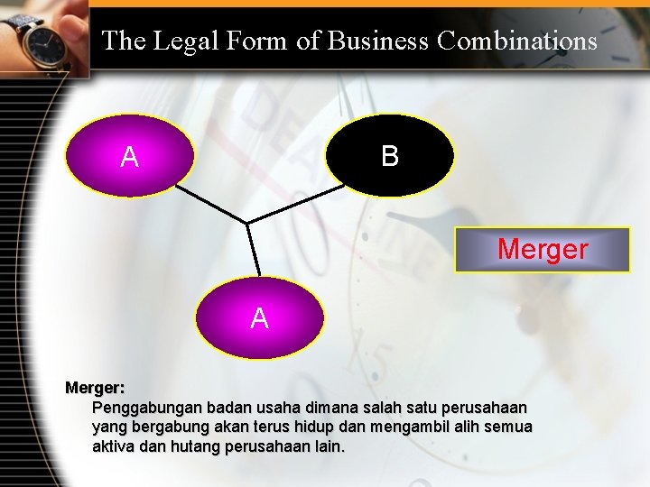 The Legal Form of Business Combinations B A Merger: Penggabungan badan usaha dimana salah