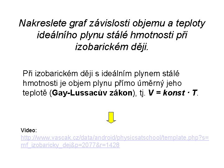 Nakreslete graf závislosti objemu a teploty ideálního plynu stálé hmotnosti při izobarickém ději. Při