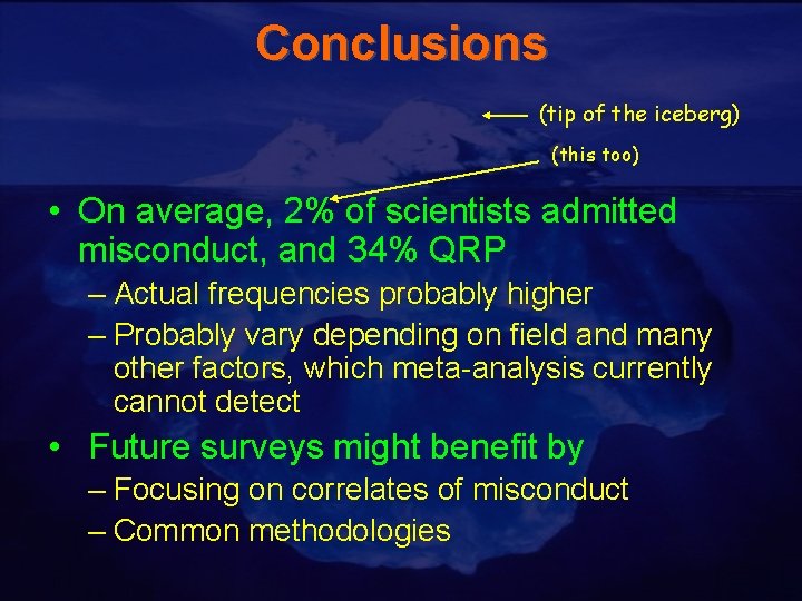 Conclusions (tip of the iceberg) (this too) • On average, 2% of scientists admitted