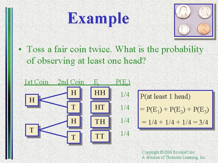 Example • Toss a fair coin twice. What is the probability of observing at