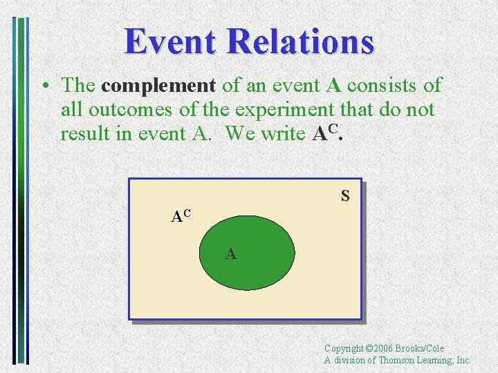 Event Relations • The complement of an event A consists of all outcomes of