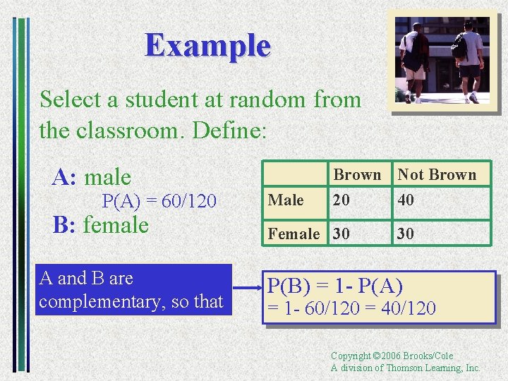 Example Select a student at random from the classroom. Define: A: male P(A) =