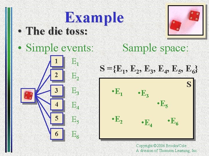 Example • The die toss: • Simple events: 1 E 1 2 E 2