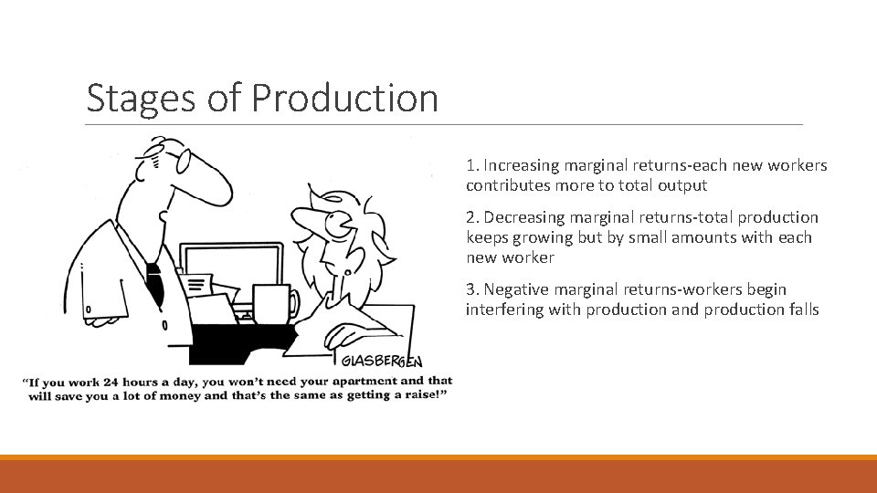 Stages of Production 1. Increasing marginal returns-each new workers contributes more to total output Stages of Production 1. Increasing marginal returns-each new workers contributes more to total output