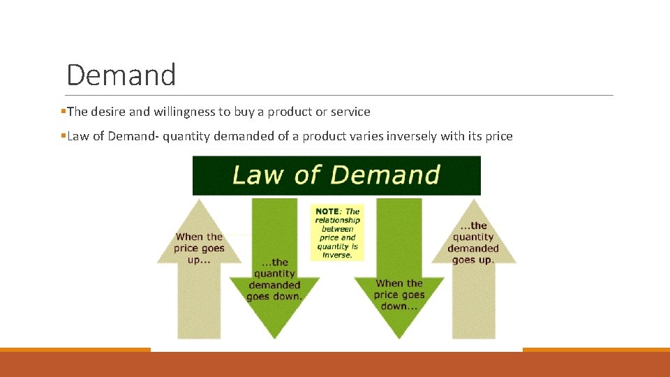 Demand §The desire and willingness to buy a product or service §Law of Demand- Demand §The desire and willingness to buy a product or service §Law of Demand-