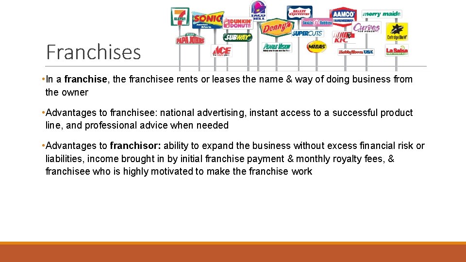 Franchises • In a franchise, the franchisee rents or leases the name & way Franchises • In a franchise, the franchisee rents or leases the name & way