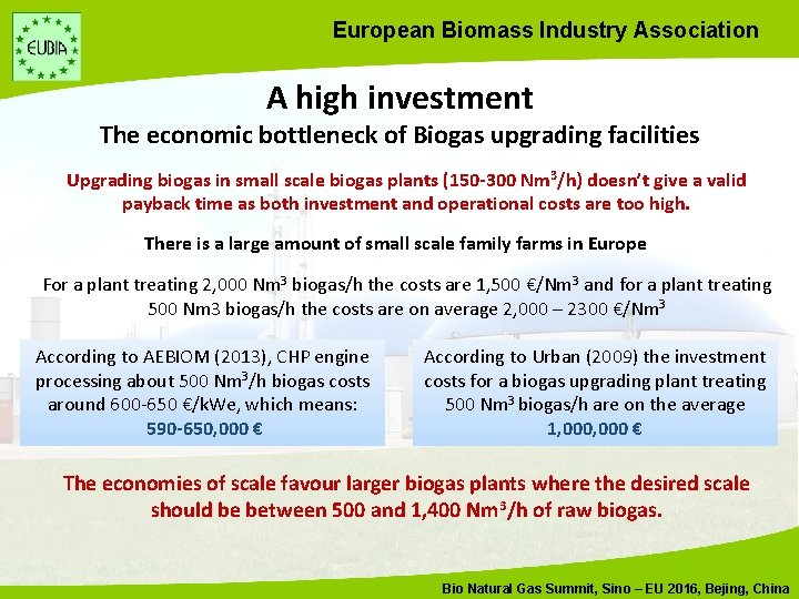European Biomass Industry Association A high investment The economic bottleneck of Biogas upgrading facilities