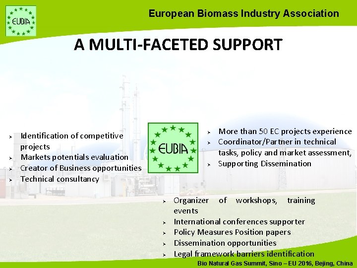 European Biomass Industry Association A MULTI-FACETED SUPPORT International Projects developer Ø Ø Identification of