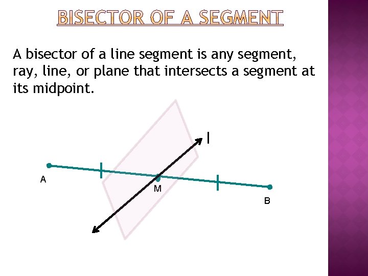 A bisector of a line segment is any segment, ray, line, or plane that