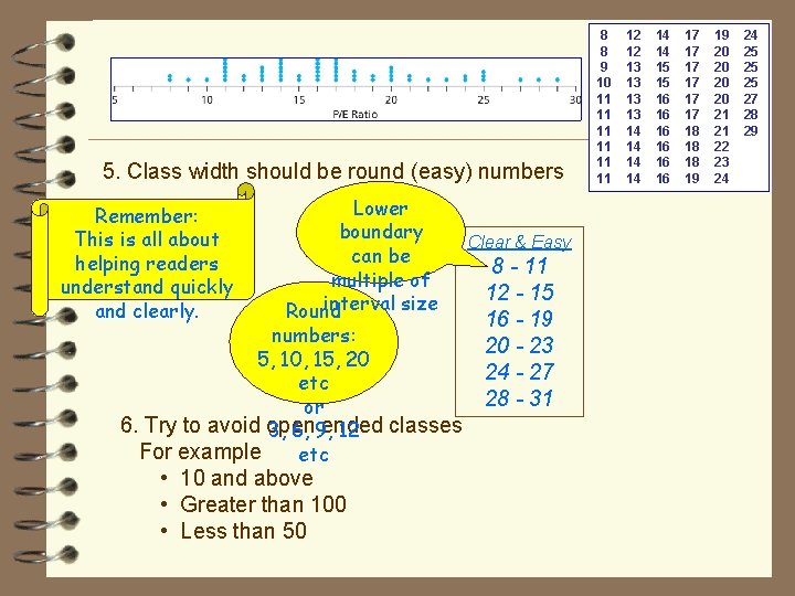 5. Class width should be round (easy) numbers Remember: This is all about helping