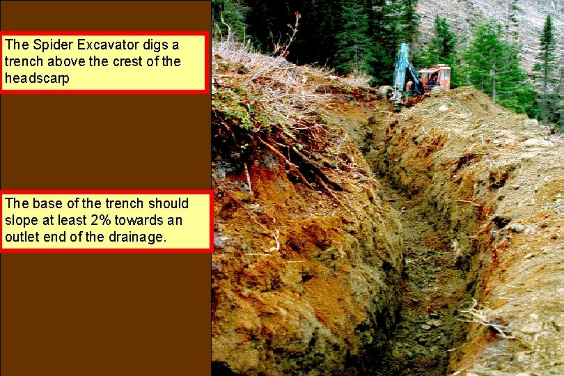 The Spider Excavator digs a trench above the crest of the headscarp The base