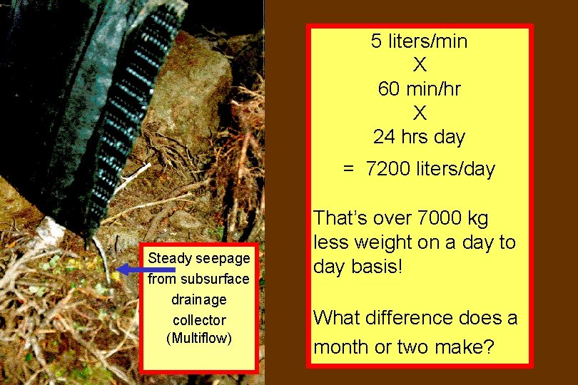 5 liters/min X 60 min/hr X 24 hrs day = 7200 liters/day Steady seepage