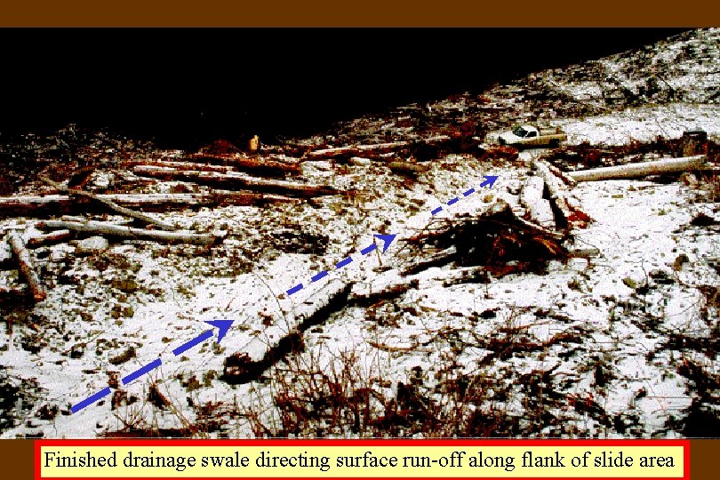 Finished drainage swale directing surface run-off along flank of slide area 