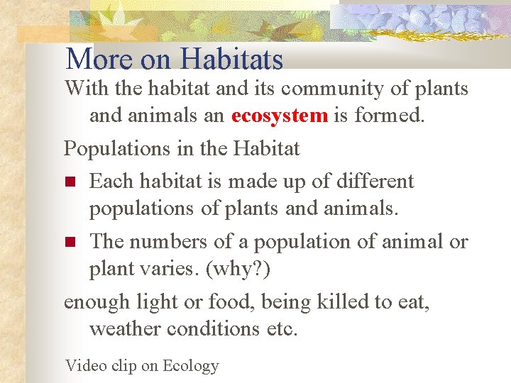 More on Habitats With the habitat and its community of plants and animals an