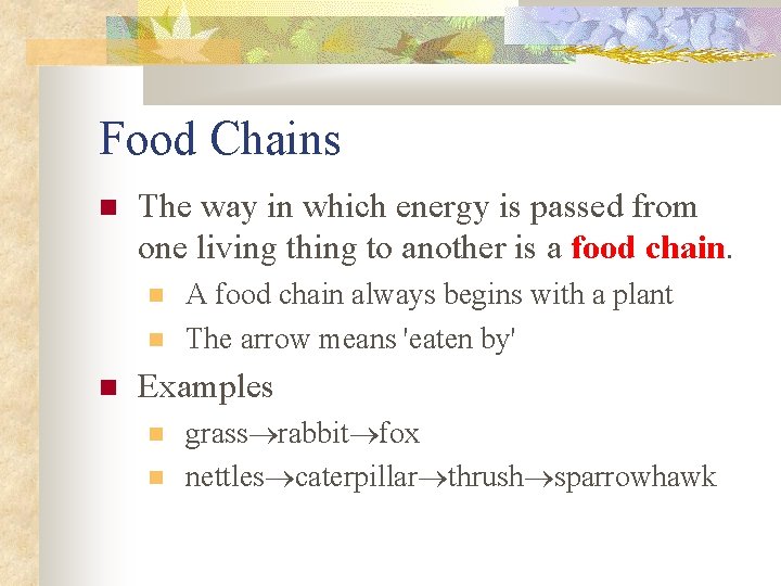 Food Chains The way in which energy is passed from one living thing to