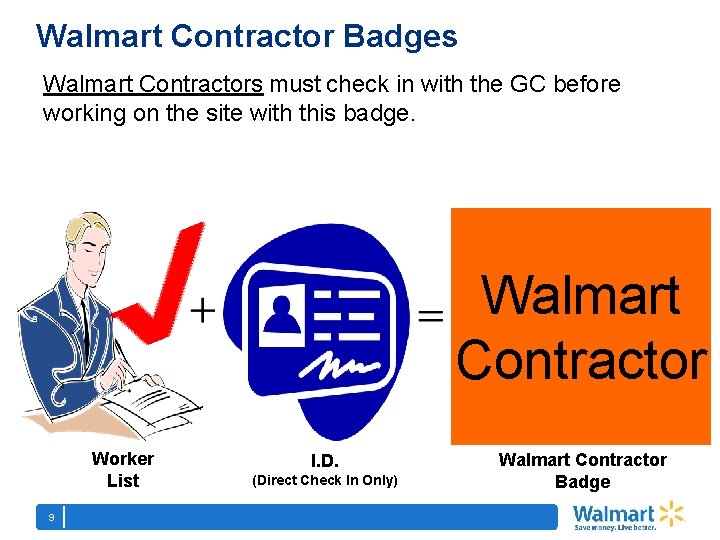 Walmart Contractor Badges Walmart Contractors must check in with the GC before working on