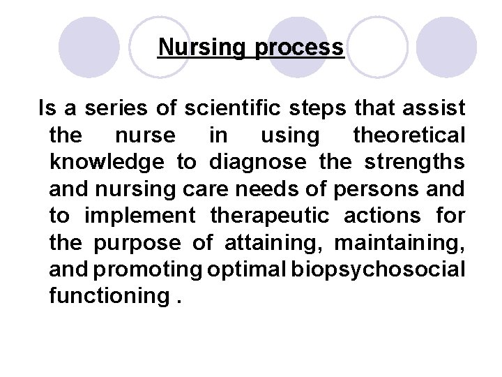 Nursing process Is a series of scientific steps that assist the nurse in using