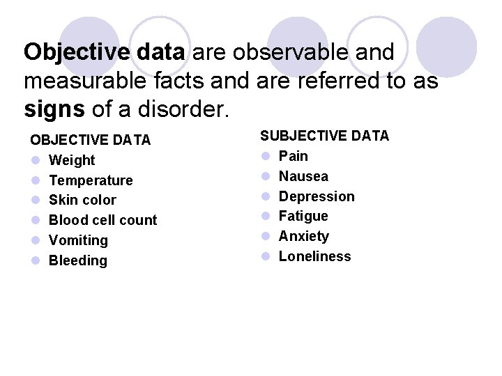 Objective data are observable and measurable facts and are referred to as signs of