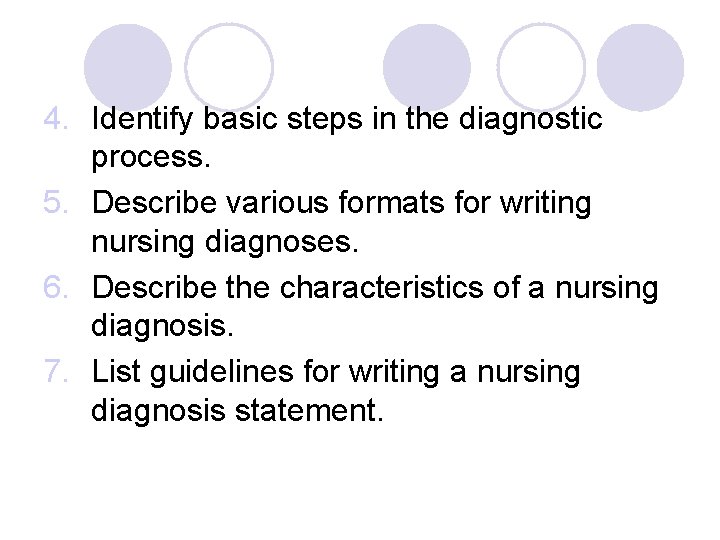 4. Identify basic steps in the diagnostic process. 5. Describe various formats for writing 4. Identify basic steps in the diagnostic process. 5. Describe various formats for writing
