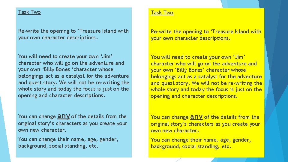 Task Two Re-write the opening to ‘Treasure Island with your own character descriptions. You