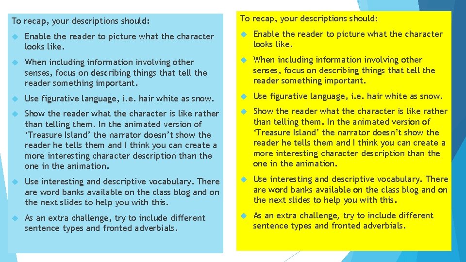 To recap, your descriptions should: Enable the reader to picture what the character looks