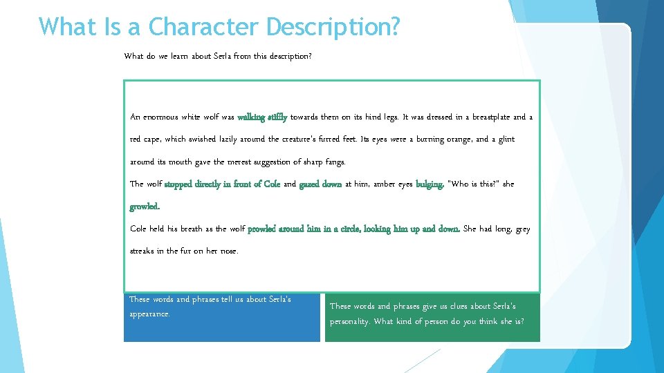 What Is a Character Description? What do we learn about Serla from this description?