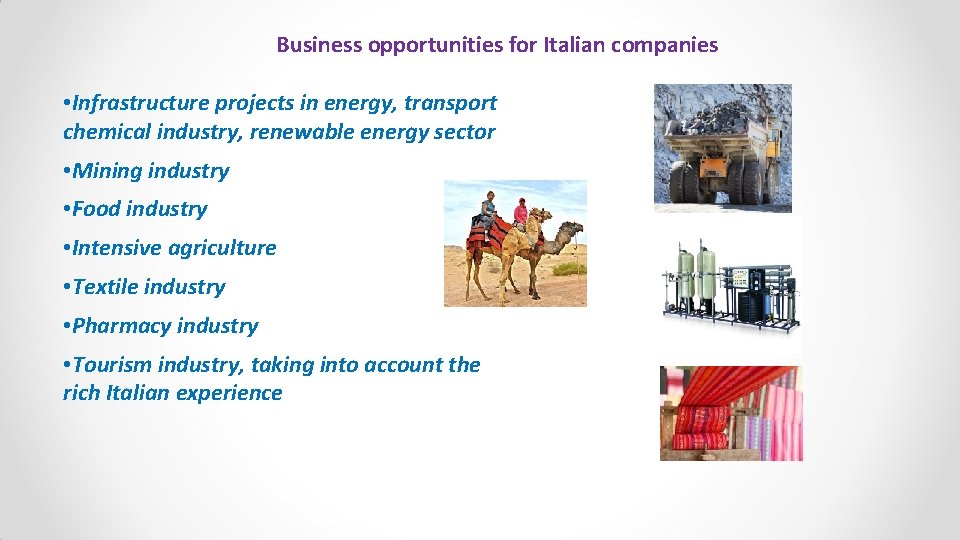 Business opportunities for Italian companies • Infrastructure projects in energy, transport chemical industry, renewable