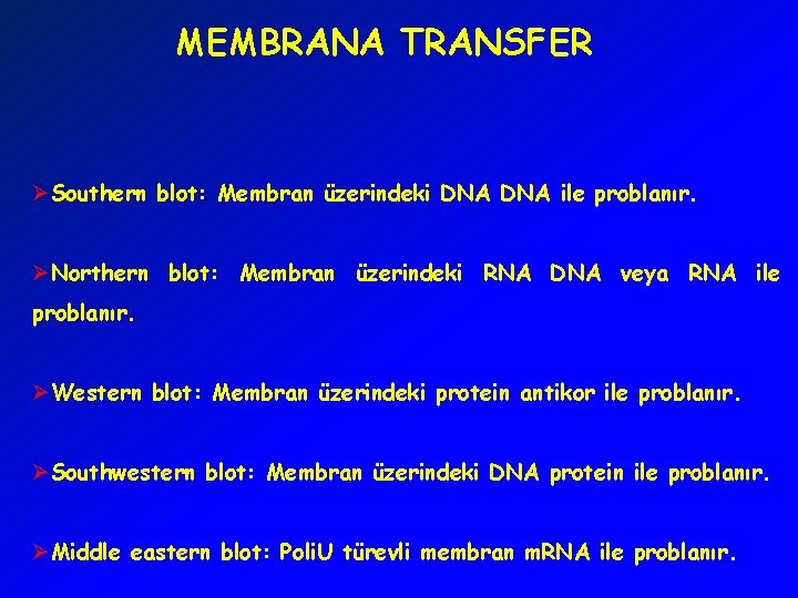 MEMBRANA TRANSFER ØSouthern blot: Membran üzerindeki DNA ile problanır. ØNorthern blot: Membran üzerindeki RNA