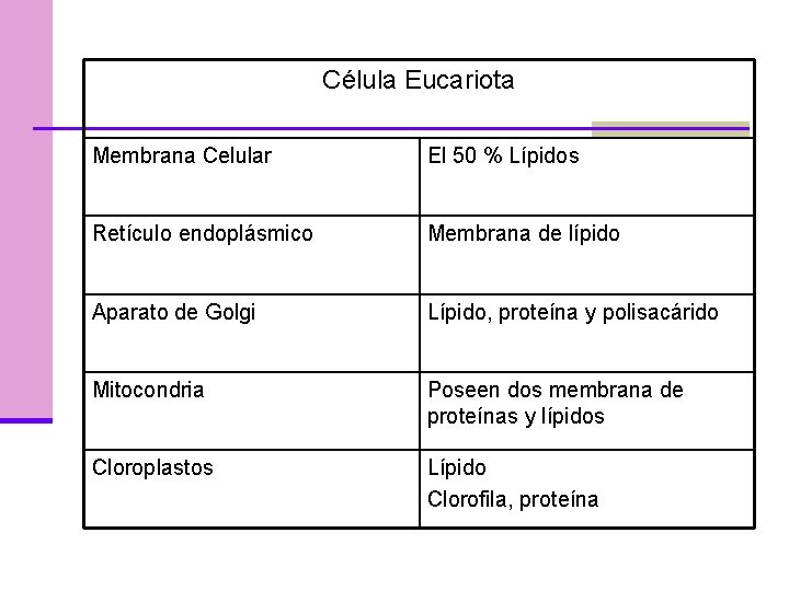 Célula Eucariota Membrana Celular El 50 % Lípidos Retículo endoplásmico Membrana de lípido Aparato