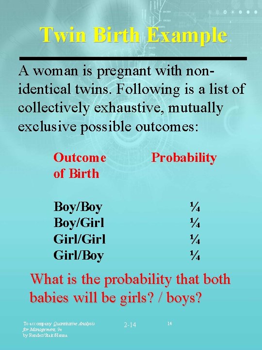 Twin Birth Example A woman is pregnant with nonidentical twins. Following is a list
