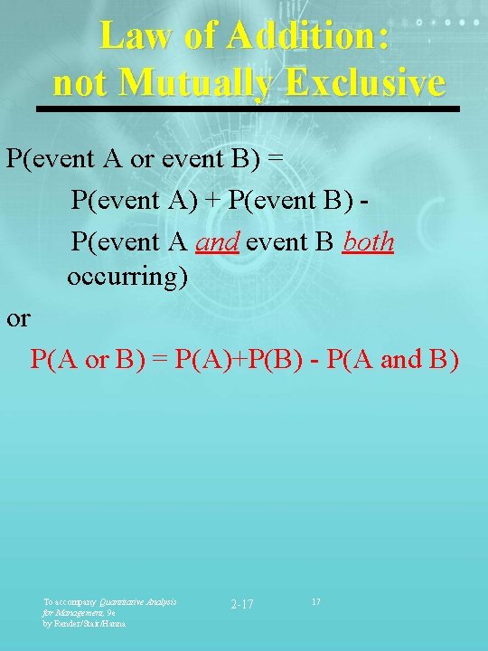 Law of Addition: not Mutually Exclusive P(event A or event B) = P(event A)