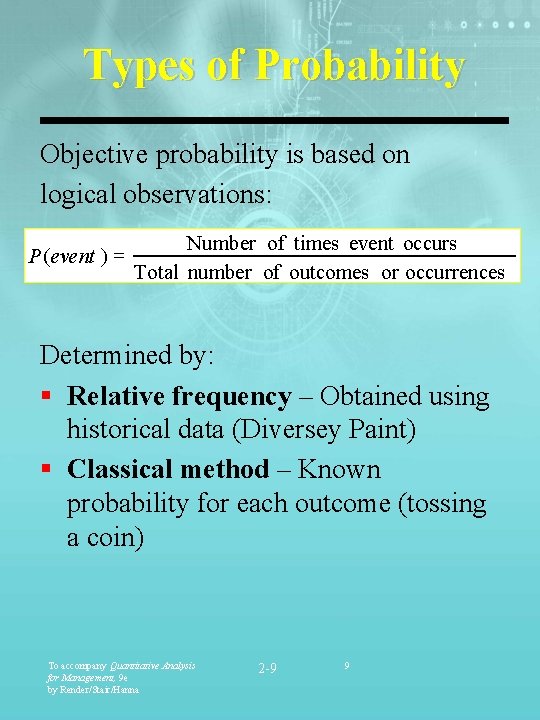 Types of Probability Objective probability is based on logical observations: P ( event )