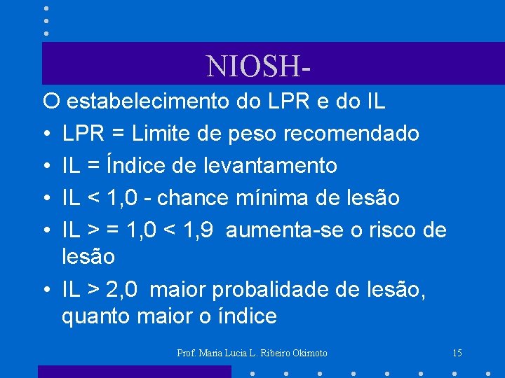 NIOSHO estabelecimento do LPR e do IL • LPR = Limite de peso recomendado