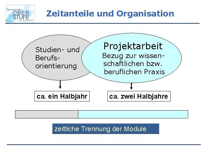 Zeitanteile und Organisation Studien- und Berufsorientierung ca. ein Halbjahr Projektarbeit Bezug zur wissenschaftlichen bzw.