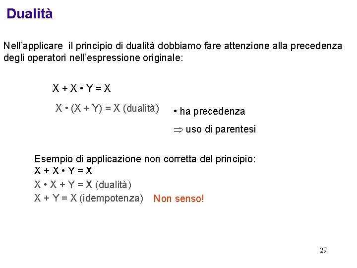 Dualità Nell’applicare il principio di dualità dobbiamo fare attenzione alla precedenza degli operatori nell’espressione