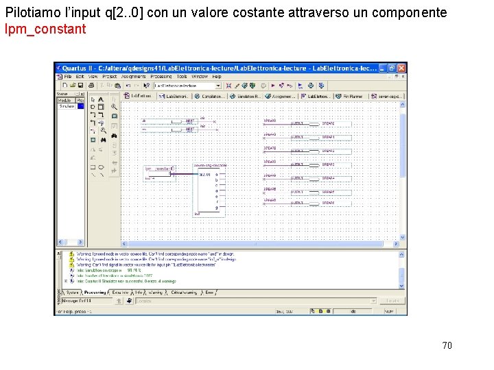 Pilotiamo l’input q[2. . 0] con un valore costante attraverso un componente lpm_constant 70