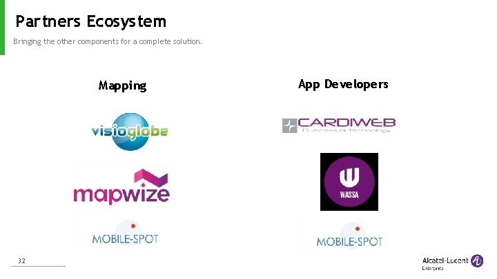 Partners Ecosystem Bringing the other components for a complete solution. Mapping 32 App Developers