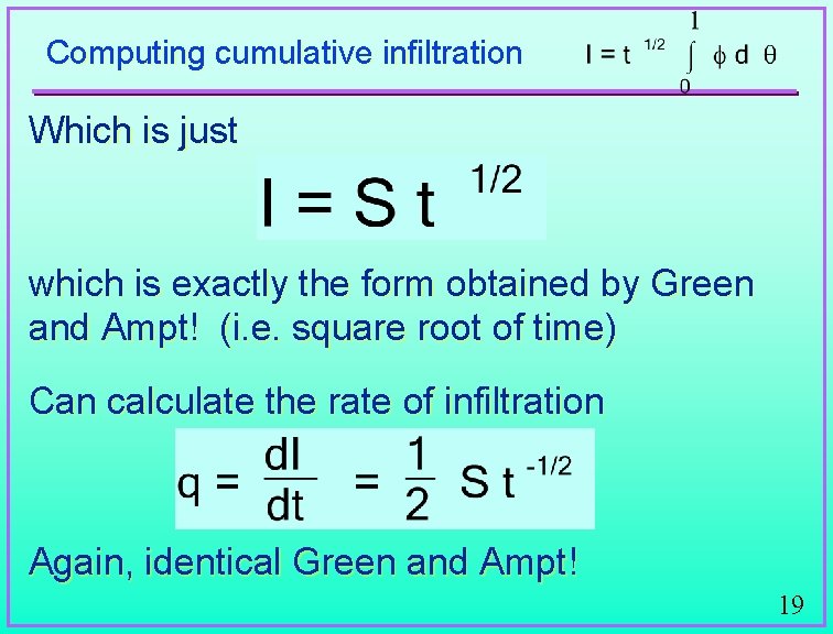 Computing cumulative infiltration Which is just which is exactly the form obtained by Green