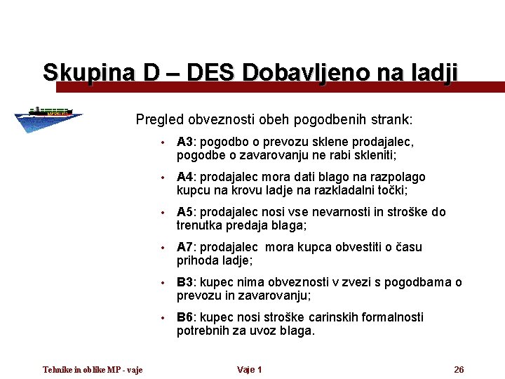 Skupina D – DES Dobavljeno na ladji Pregled obveznosti obeh pogodbenih strank: Tehnike in