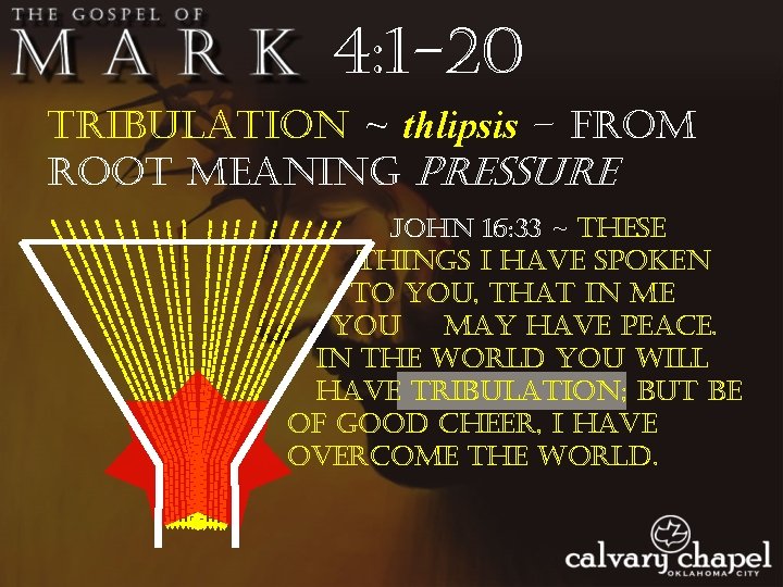 4: 1 -20 tribulation ~ thlipsis – from root meaning pressure John 16: 33