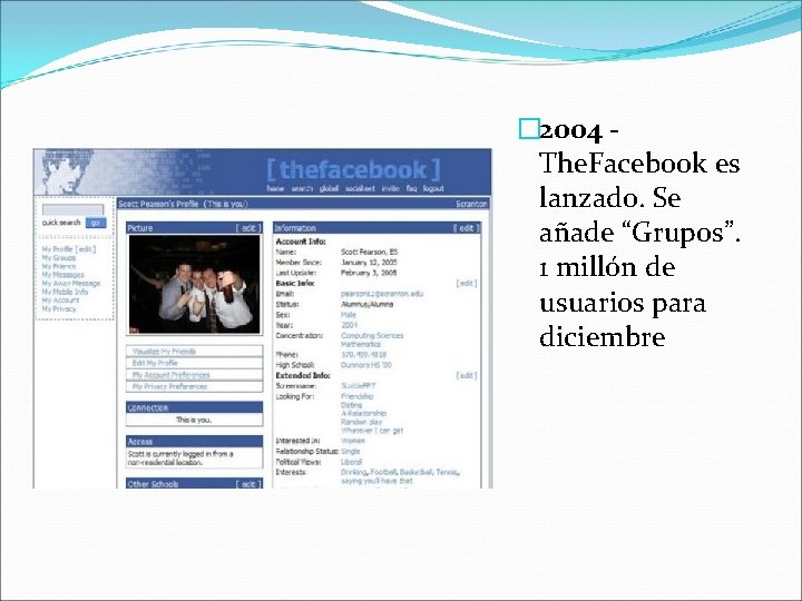 � 2004 - The. Facebook es lanzado. Se añade “Grupos”. 1 millón de usuarios