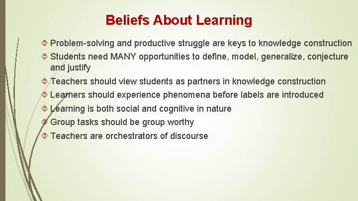 Beliefs About Learning Problem-solving and productive struggle are keys to knowledge construction Students need