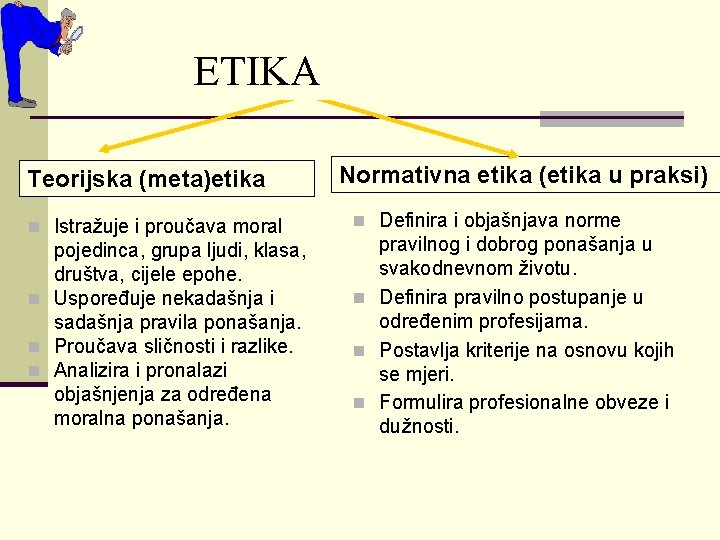 ETIKA Teorijska (meta)etika n Istražuje i proučava moral pojedinca, grupa ljudi, klasa, društva, cijele